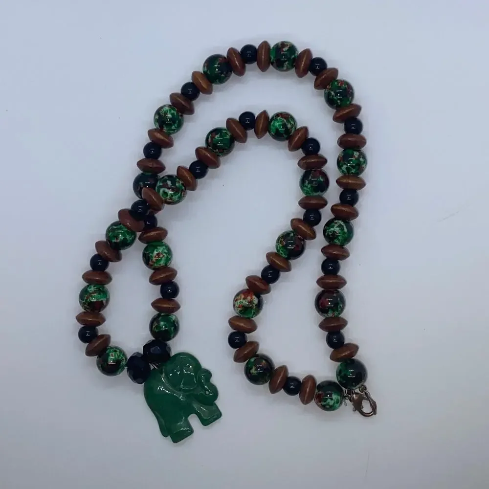 Handmade Bead Black Brown Green Elephant Necklace